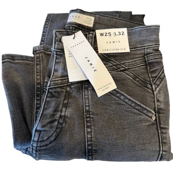 TopShop Black High Waist Skinny Acid Washed Jamie Center Seam Jeans 25 NWT - Picture 5 of 5